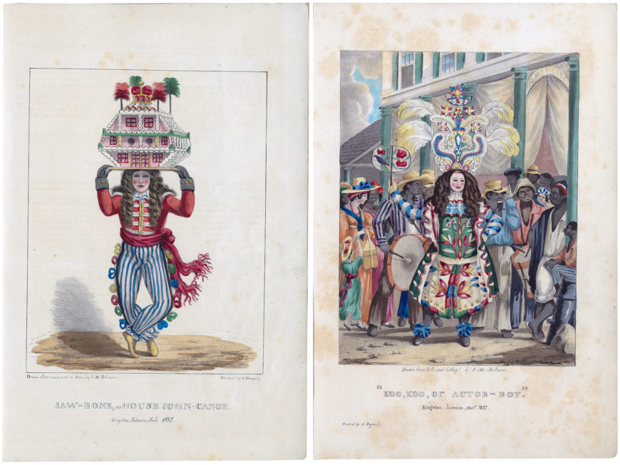 Isaac Mendes Belisario, "Jaw-Bone, or House John Canoe" and "Koo Koo, or Actor Boy" from Sketches of Character, In Illustration of the Habits, Occupations, and Costume of the Negro Population in the Island of Jamaica, 1837–38, hand-painted lithographic prints (Yale Center for British Art)