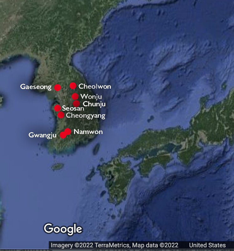 Map of Korea with cities having iron buddhas