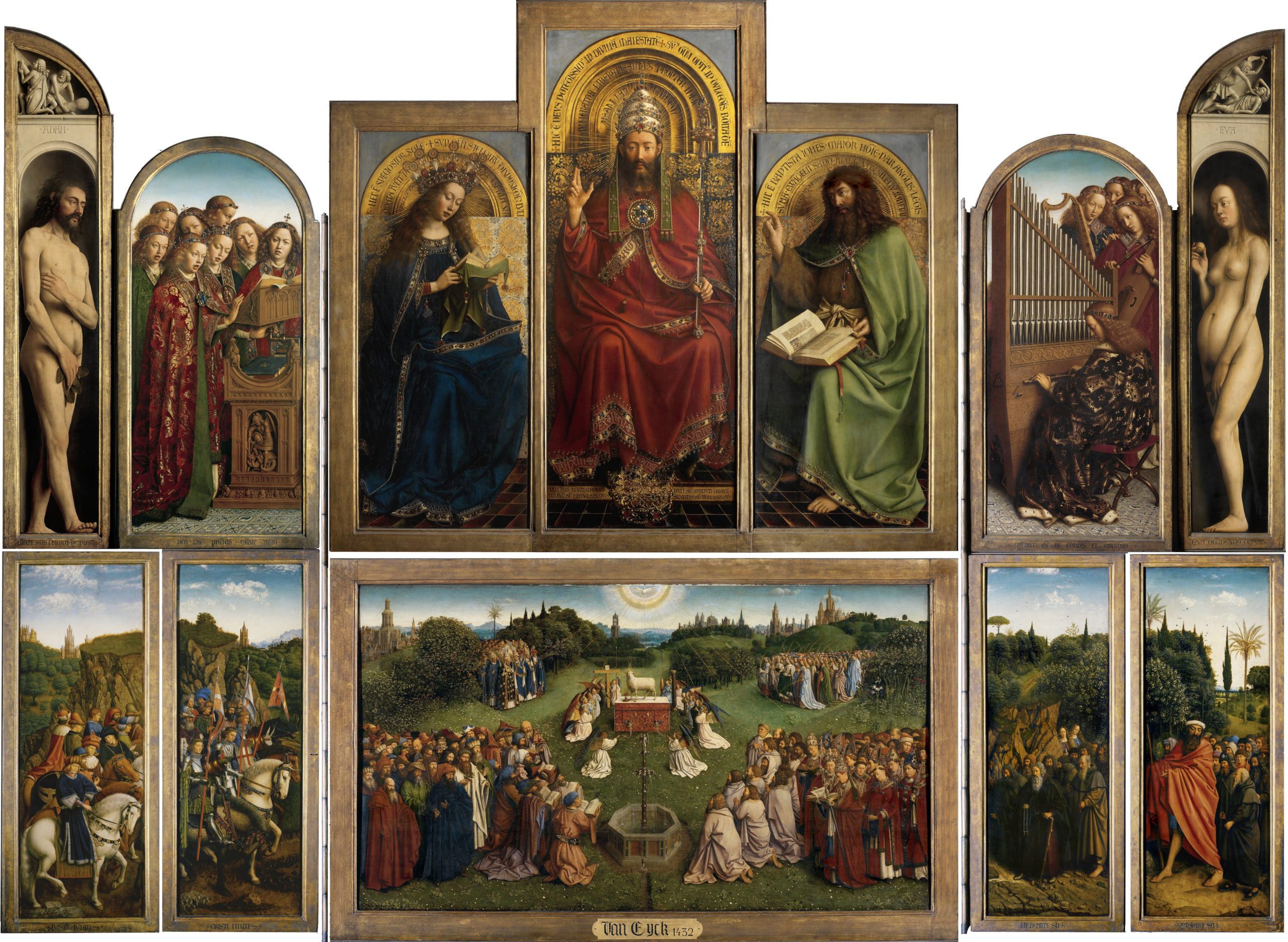 Jan and Hubert van Eyck, Ghent Altarpiece (also known as The Adoration of the Mystic Lamb), 1432, tempera and oil on panel, 11-5/8 x 15-1/8 inches (open) (Cathedral of Saint Bavo, Ghent, Belgium; photo: Zen3500, CC0)