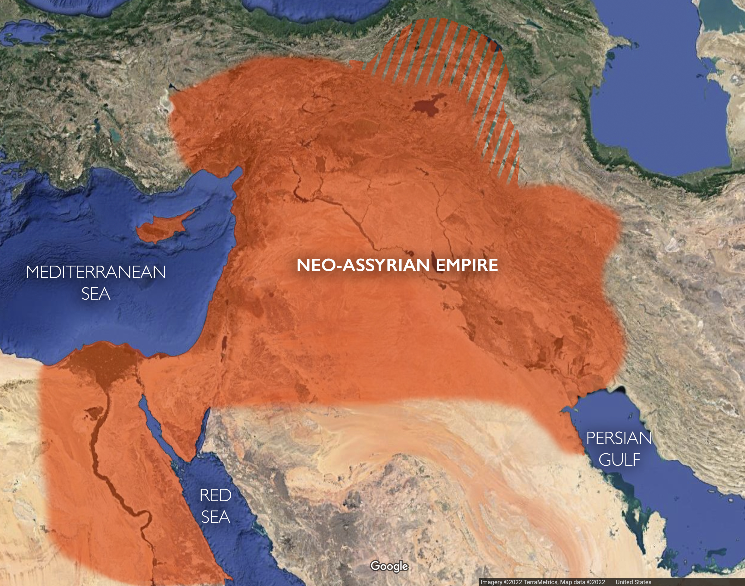 The Neo-Assyrian Empire, c. 671 B.C.E. (underlying map © Google)