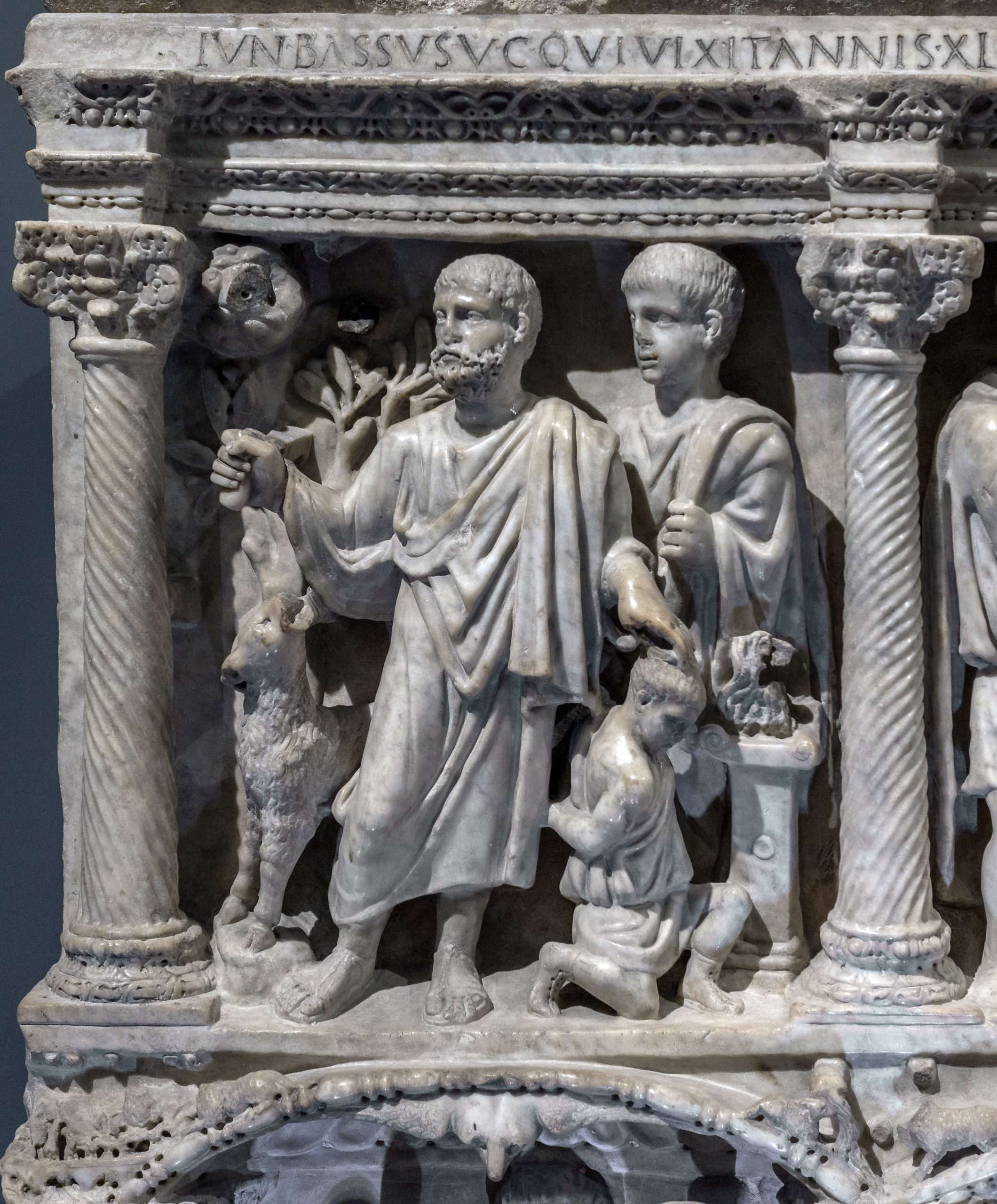 Sacrifice of Isaac (detail), Sarcophagus of Junius Bassus, 359 C.E., marble (Treasury, St. Peter's Basilica, Vatican City; photo: Steven Zucker, CC BY-NC-SA 2.0)