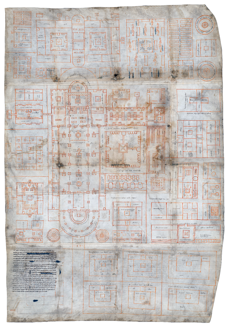 Plan of St. Gall, c. 820 C.E., parchment, Cod. Sang. 1092, 112 x 77.5 cm (Stiftsbibliothek Sankt Gallen, St. Gallen)