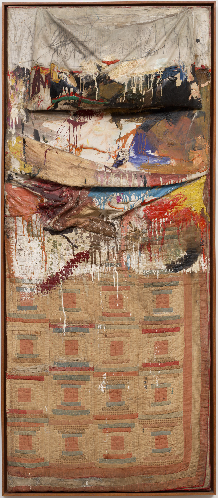 Robert Rauschenberg, Bed, 1955, oil and pencil on pillow, quilt, and sheet on wood supports, 191.1 x 80 x 20.3 cm (The Museum of Modern Art, New York)