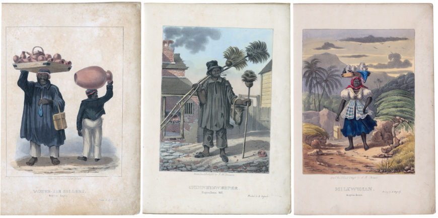 Isaac Mendes Belisario, “Water-Jar Sellers,” "Chimney Sweeper," and "Milkwoman" from Sketches of Character, In Illustration of the Habits, Occupations, and Costume of the Negro Population in the Island of Jamaica, 1837–38, hand-painted lithographic print (Yale Center for British Art)