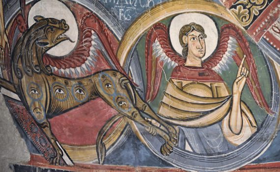 A winged Lion, symbol of St. Mark, and an angel (detail), Christ in Majesty, fresco, originally in Sant Climent (Saint Clement in Catalan), outside the village of Taüll, Boí valley, Spain, today in MNAC