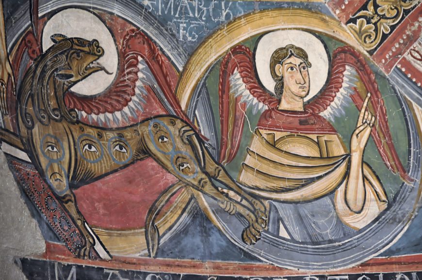 A winged Lion, symbol of St. Mark, and an angel (detail), Christ in Majesty, fresco, originally in Sant Climent (Saint Clement in Catalan), outside the village of Taüll, Boí valley, Spain, today in MNAC