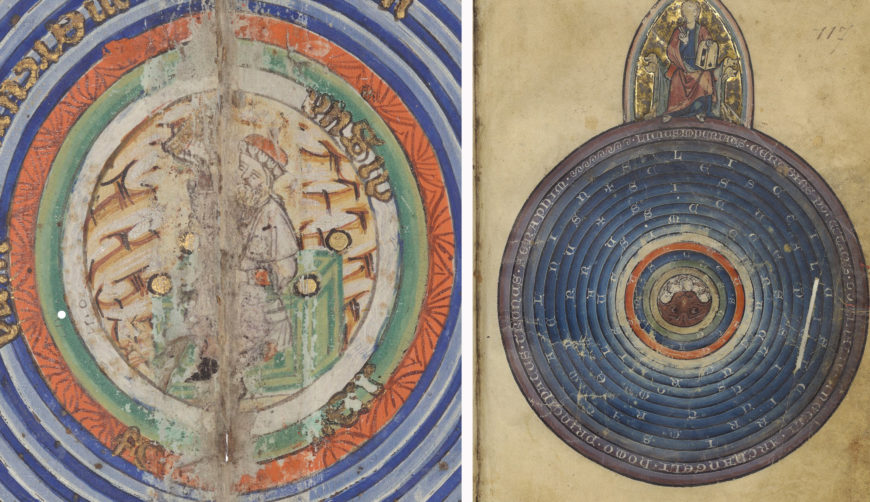 Left: seated scholar with quadrant, Catalan Atlas (Sheets 2A-B), Elisha ben Abraham Cresques, 1375, Majorca (Bibliothèque Nationale de France); right: Christ in Majesty presiding over the earth at the center of the spheres of the universe, Gossuin de Metz, L'image du mode, 13 century (Bibliothèque National de France)
