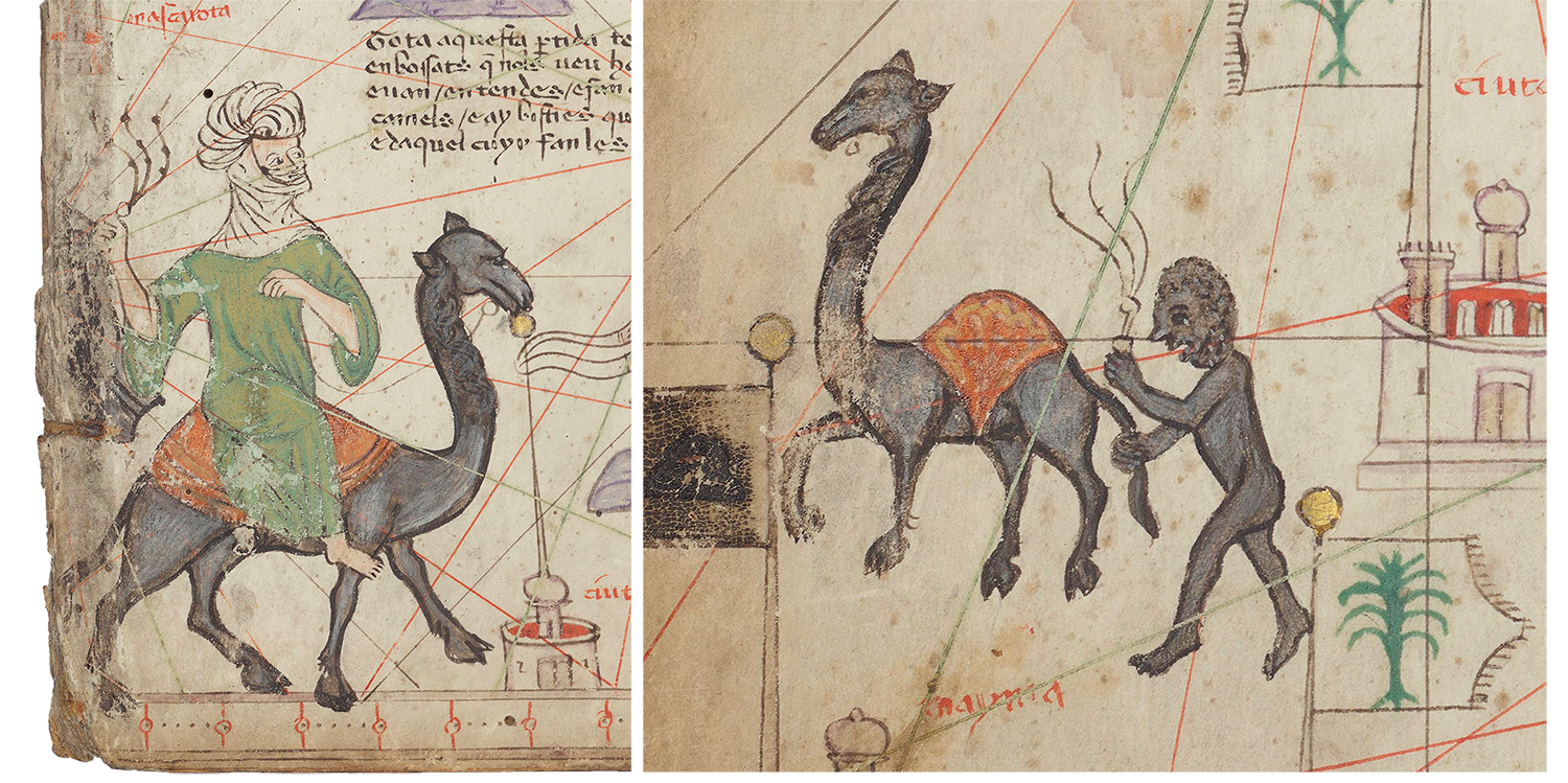 Left: Nomad, Catalan Atlas (Sheet 3B), right: Black African camel trader, Catalan Atlas (Sheet 4A), Catalan Atlas, Elisha ben Abraham Cresques, 1375, Majorca (Bibliothèque Nationale de France)