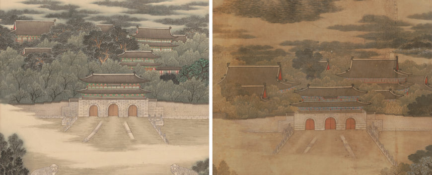 Left: An Jungsik, Spring Dawn at Mt. Baegak (“Summer” Version), 1915, ink and light colors on silk, 129.5 × 50.0cm, Registered Cultural Heritage 485; right: An Jungsik, Spring Dawn at Mt. Baegak (“Fall” Version), 1915, ink and light colors on silk, 126.1 × 51.9cm, Registered Cultural Heritage 485