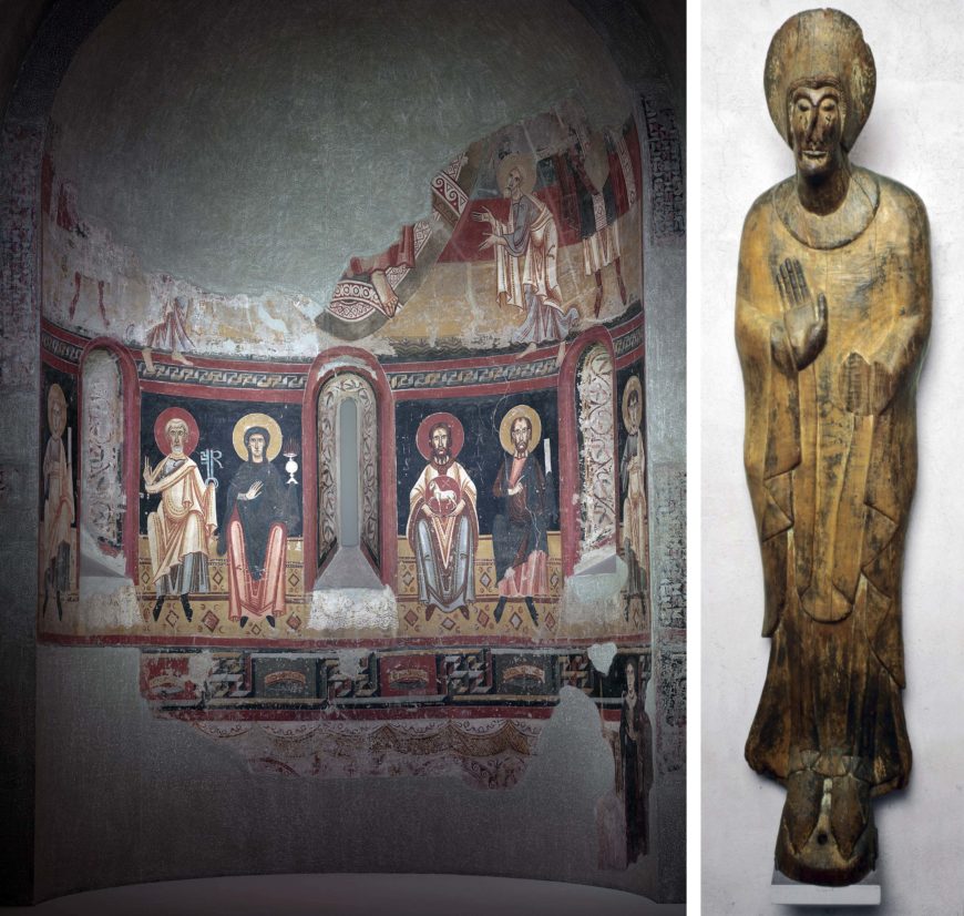 Left: Master of Pedret, Apse of El Burgal, end of 11th century–beginning of 12th century, fresco, 670 x 400 x 200 cm, now in the Museu Nacional d'art de Catalunya; right: Female figure or saint (the Virgin Mary?), c. 1125, wood with traces of polychrome and gesso, 145.1 x 35.6 x 30.2 cm, found behind the altar of the church of Santa Maria de Taüll in Catalonia, Spain, now in the Harvard Art Museum