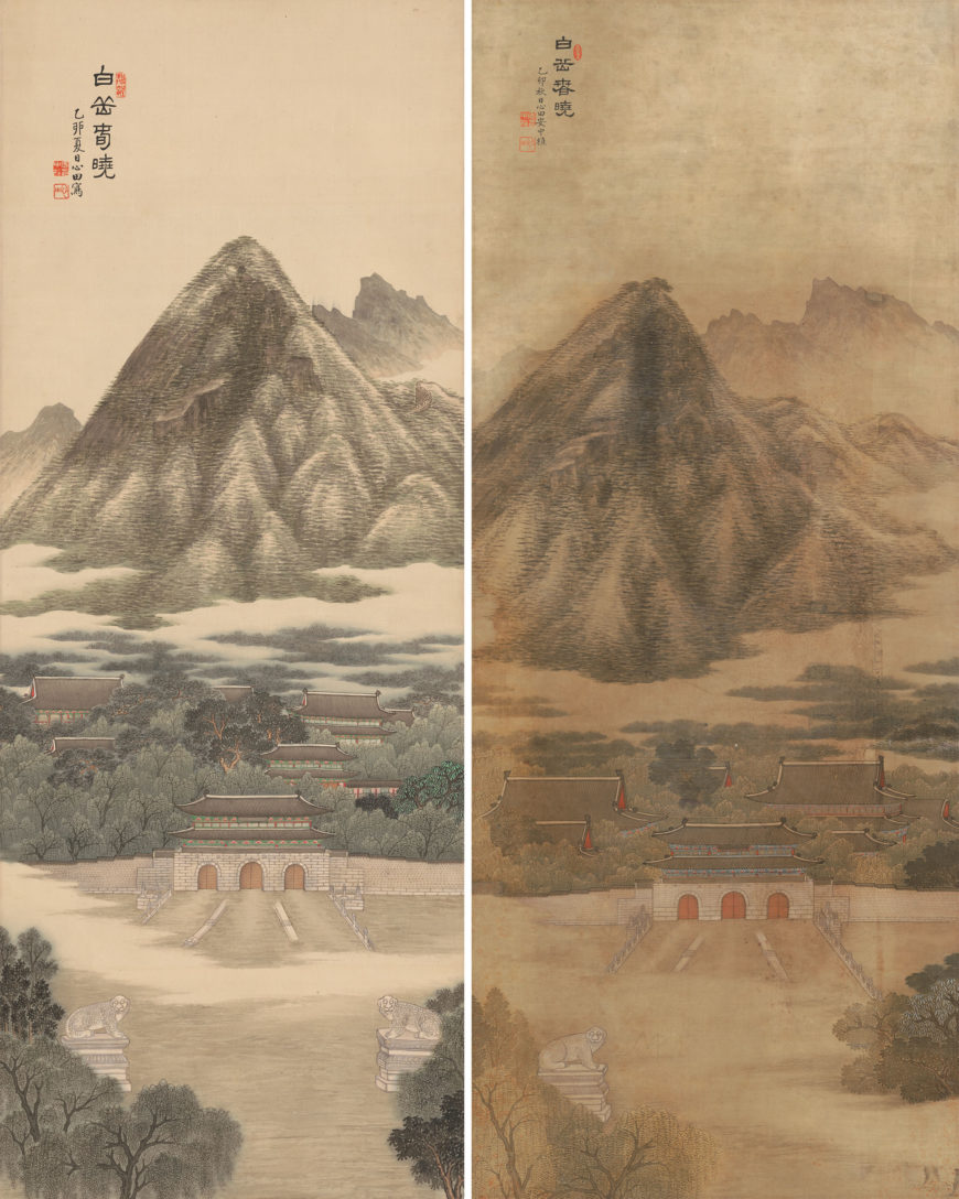 Left: An Jungsik, Spring Dawn at Mt. Baegak (“Summer” Version), 1915, ink and light colors on silk, 129.5 × 50.0cm, Registered Cultural Heritage 485; right: An Jungsik, Spring Dawn at Mt. Baegak (“Fall” Version), 1915, ink and light colors on silk, 126.1 × 51.9cm, Registered Cultural Heritage 485 (The National Museum of Korea)