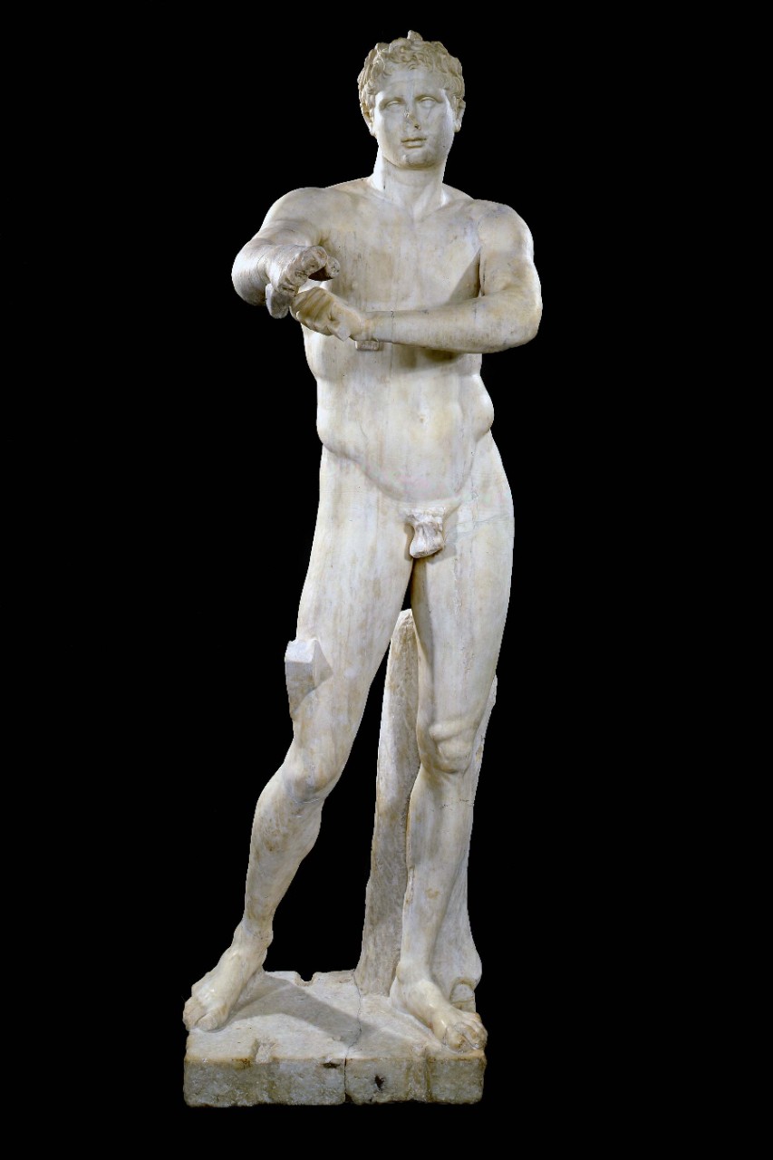 Lysippos of Sikyon, Apoxyomenos (Scraper), Hellenistic or Roman copy after 4th c. Greek original, c. 390–306 B.C.E., 207.3 cm / 6 feet 9 inches high (Vatican Museums)