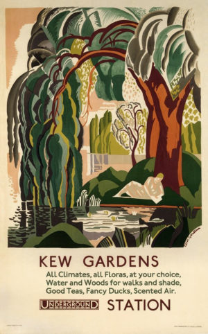 Poster with image above and several lines of text below. The image shows a large tree with bending branches and leaves falling into a pond. A figure reads underneath the tree. Other trees are seen in the background. The text advertises Kew Gardens and the London Underground.