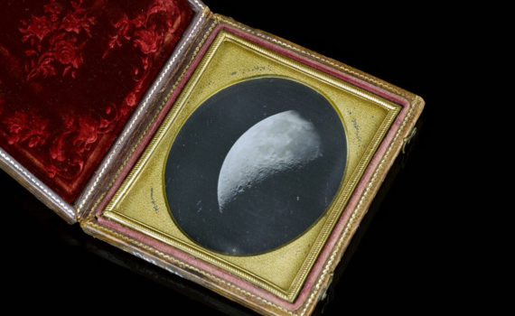 John Whipple, William Bond, and George Bond, The Moon, No. 37, 1851. Daguerreotype made through Great Refractor Equatorial Mount Telescope, Harvard College Observatory. Case size 4 ½ x 3 ¼ in. Public Domain/Creative Commons.