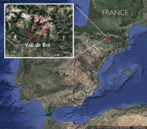 Map of the Vall de Boí, a valley nestled within the Pyrenees mountains in the Catalonia region of north-east Spain