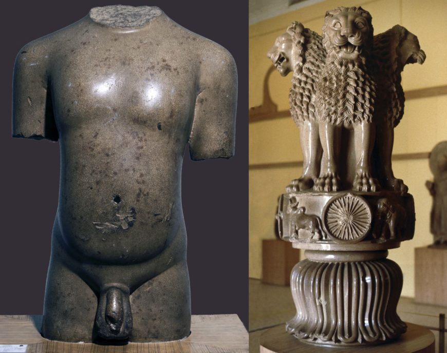 Left: Lohanipur torso, Patna, Bihar, India, c. 3rd – 2nd century B.C.E., Polished Sandstone (Patna Museum, India); right: Lion Capital, Ashokan Pillar at Sarnath, c. 250 B.C.E., polished sandstone, 210 x 283 cm, Sarnath Museum, India (photo: Chrisi1964, CC BY-SA 4.0)