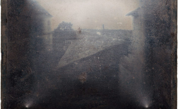 Joseph Nicéphore Niépce, View from the Window at Le Gras, c. 1826–27, heliograph on pewter, 6.57 x 8 inches (Harry Ransom Center, Austin)
