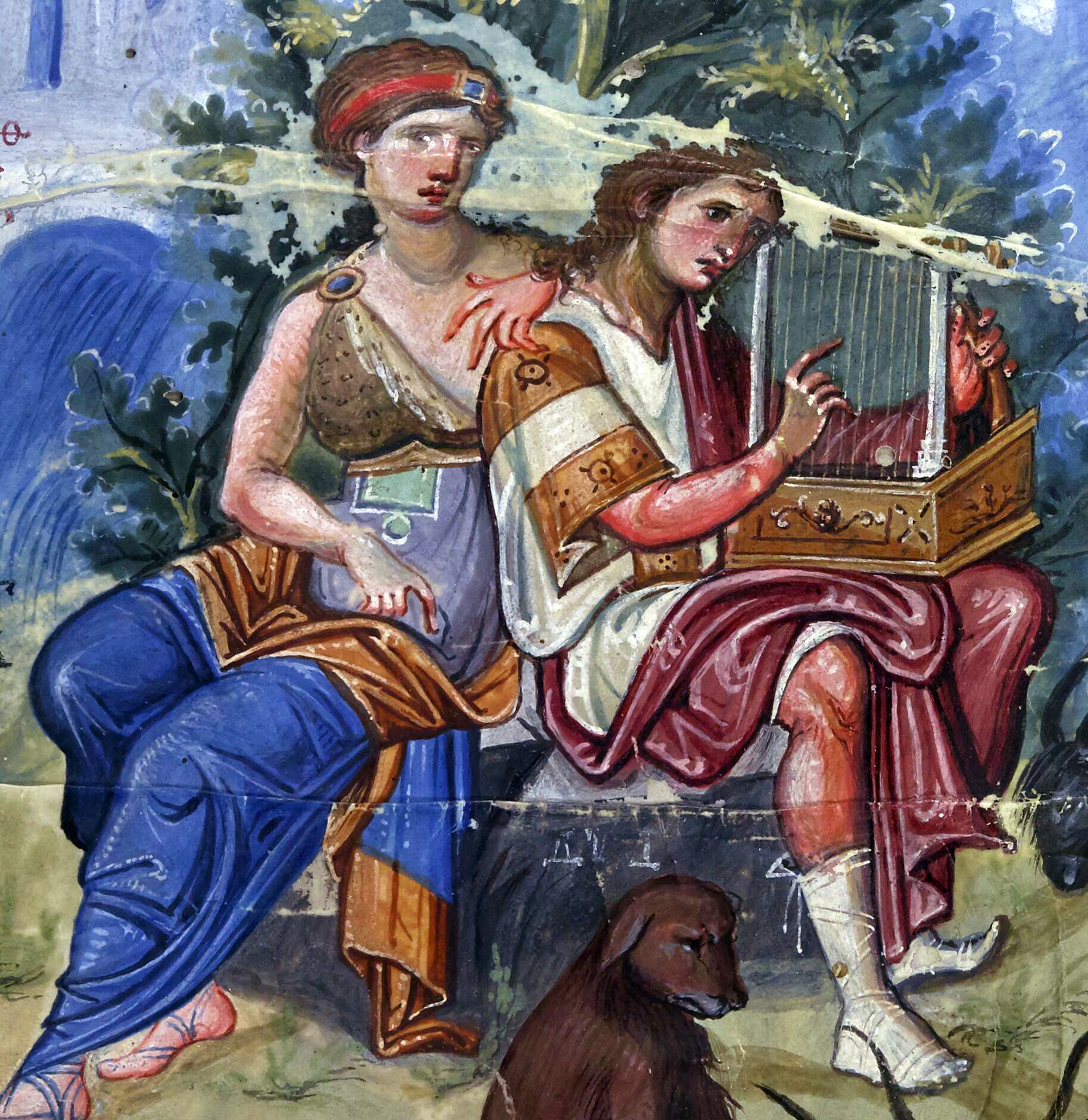 David Composing the Psalms (detail), from the Paris Psalter, c. 900 C.E., folio 1v, 36 x 26 cm (Bibliothèque nationale de France)