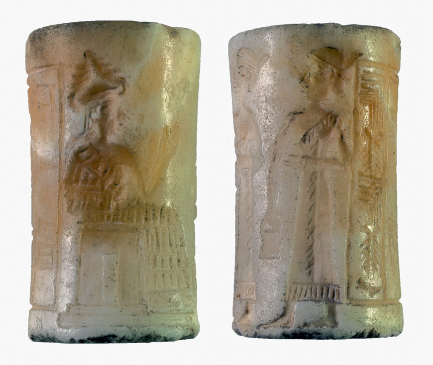 Cylinder seal, owned by a woman named Šaša, Akkadian, calcite, 39 x 22 mm, from Khafajeh, Iraq (Institute for the Study of Ancient Cultures Museum, University of Chicago)