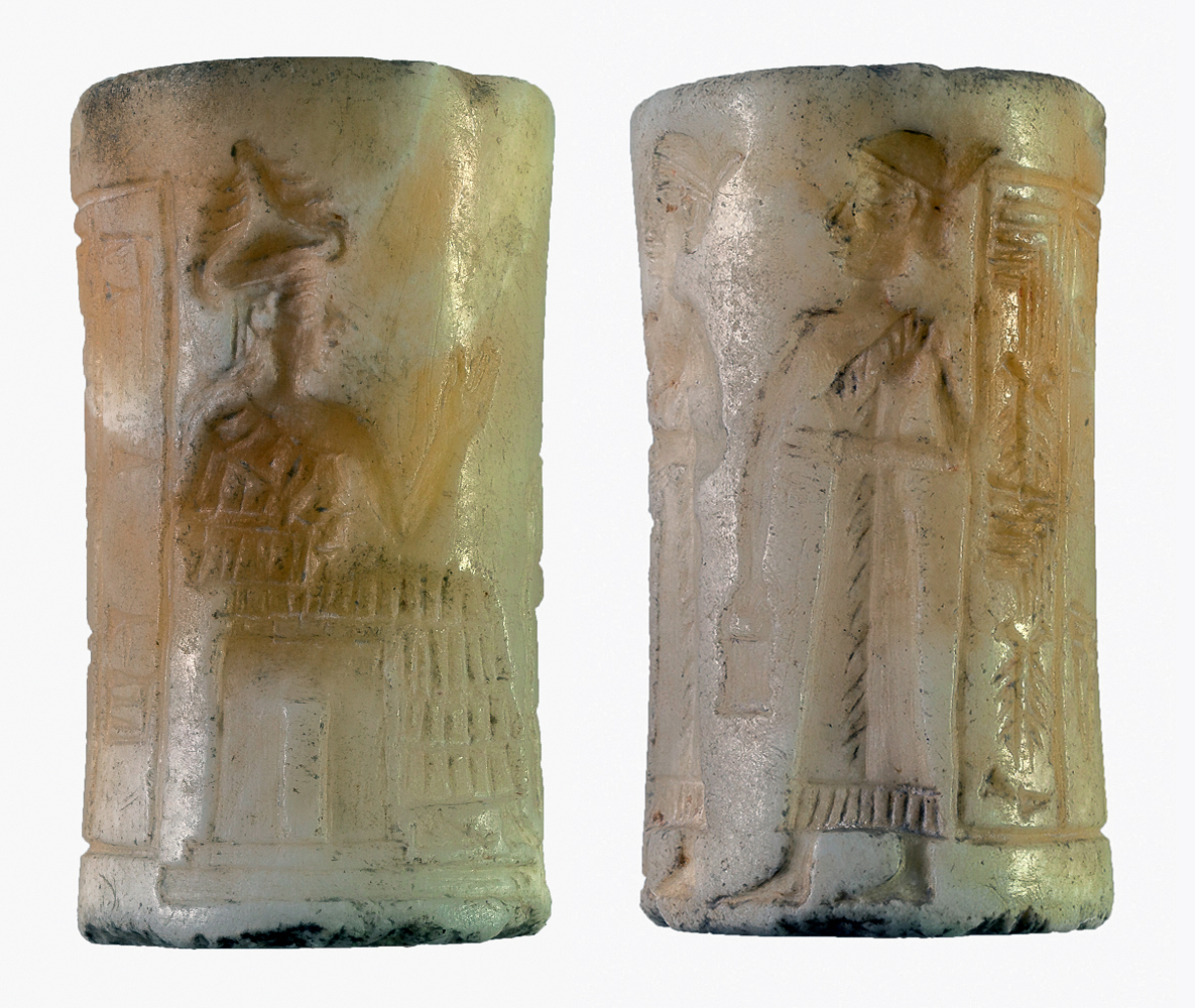 Cylinder seal, owned by a woman named Šaša, Akkadian, calcite, 39 x 22 mm, from Khafajeh, Iraq (Oriental Institute, University of Chicago)