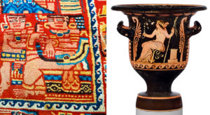 Left: Seated figure, detail of a second carpet from the same hoard with the similar design as the main carpet in this essay; the same figure in the main carpet is damaged. Pay attention to the sitting posture and border design of running waves in the carpet and the Greek vase. Knotted Carpet with human figures and Brahmi/Khotanese inscriptions, 5th–6th century C.E., Shanpula Township, Khotan District, Xinjiang Uygur Autonomous Region, China (photo: Qi Xiaoshan); right: Bell-krater (mixing bowl) with seated male figure and running wave motif, c. 350–325 B.C.E., attributed to Python, terracotta, Greek, South Italian, Paestan, 30.7 cm high (The Metropolitan Museum of Art)