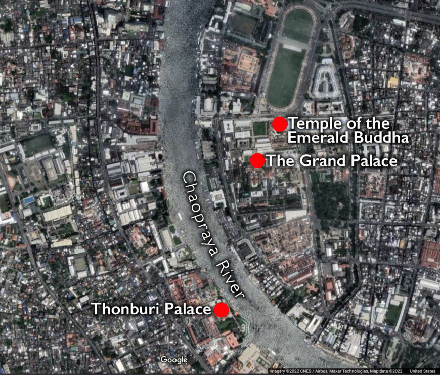 Map showing Thonburi Palace and the Grand Palace, Bangkok, Thailand (underlying map © Google)