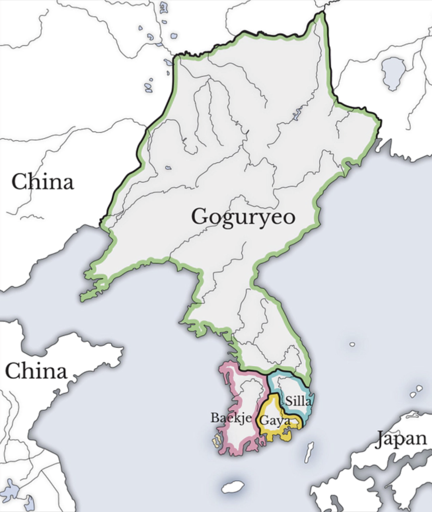 A map showing the three kingdoms (Goguryeo, Silla, and Baekje) and the Gaya confederation which ruled Korea between the 1st and 7th century CE.