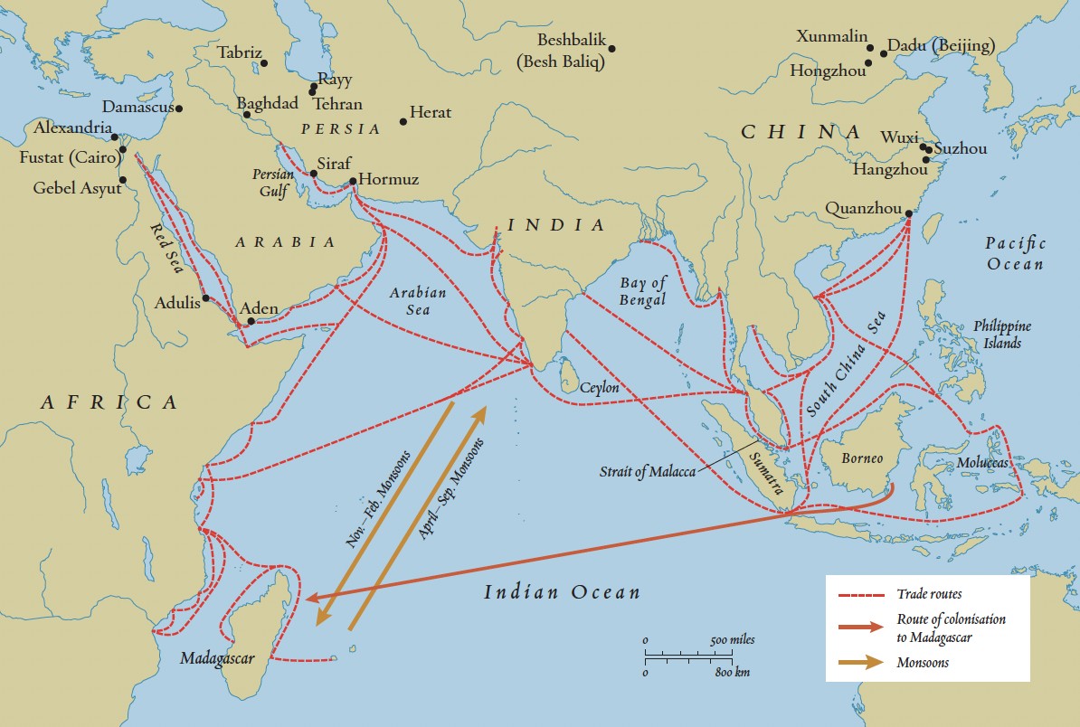 Map showing maritime trade routes between East and West Asia. Image source: Eiren Shea, “Chinese Textiles in Mamluk Tombs: Maritime Trade and Cultural Exchange in the Fourteenth Century,” The Seas and the Mobility of Islamic Art, ed. Radha Dalal, Sean Roberts, and Jochen Sokoly (Yale University Press, 2021), fig. 6.3.