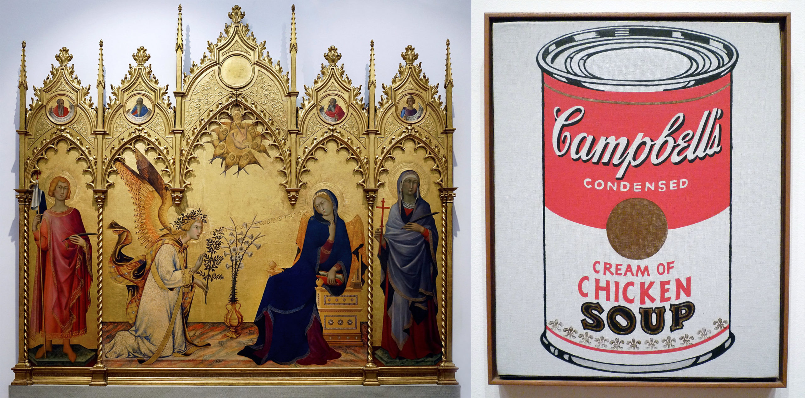 Left: Simone Martini, Annunciation, 1333, tempera on panel, 184 x 210 cm (Uffizi Gallery, Florence; photo: Steven Zucker, CC BY-NC-SA 2.0); right: soup can (detail), Andy Warhol, Campbell's Soup Cans, 1962, synthetic polymer on thirty-two canvases, each canvas 20 x 16 inches (Museum of Modern Art, New York; photo: Steven Zucker, CC BY-NC-SA 2.0)