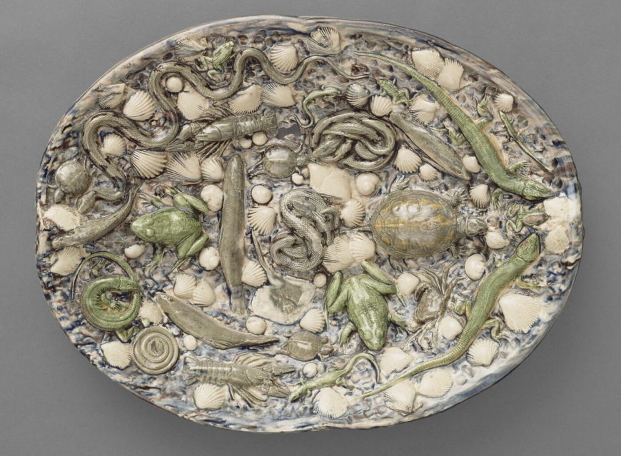 Bernard Palissy (attributed to), Oval Basin, c. 1550–50, lead-glazed earthenware (Louvre)