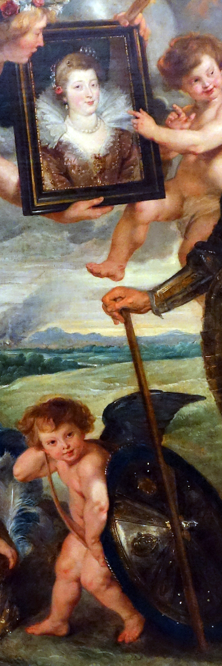 Marie de’ Medici and cherub (detail), Peter Paul Rubens, The Presentation of the Portrait of Marie de’ Medici, c. 1622–25, oil on canvas, 394 x 295 cm (Musée du Louvre, Paris; photo: Steven Zucker, CC BY-NC-SA 2.0)