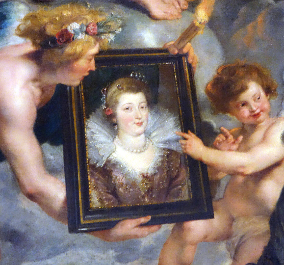 Marie de’ Medici, Henry IV, Hymen, and Amor (detail), Peter Paul Rubens, The Presentation of the Portrait of Marie de’ Medici, c. 1622–1625, oil on canvas, 394 x 295 cm (Musée du Louvre, Paris; photo: Steven Zucker, CC BY-NC-SA 2.0)