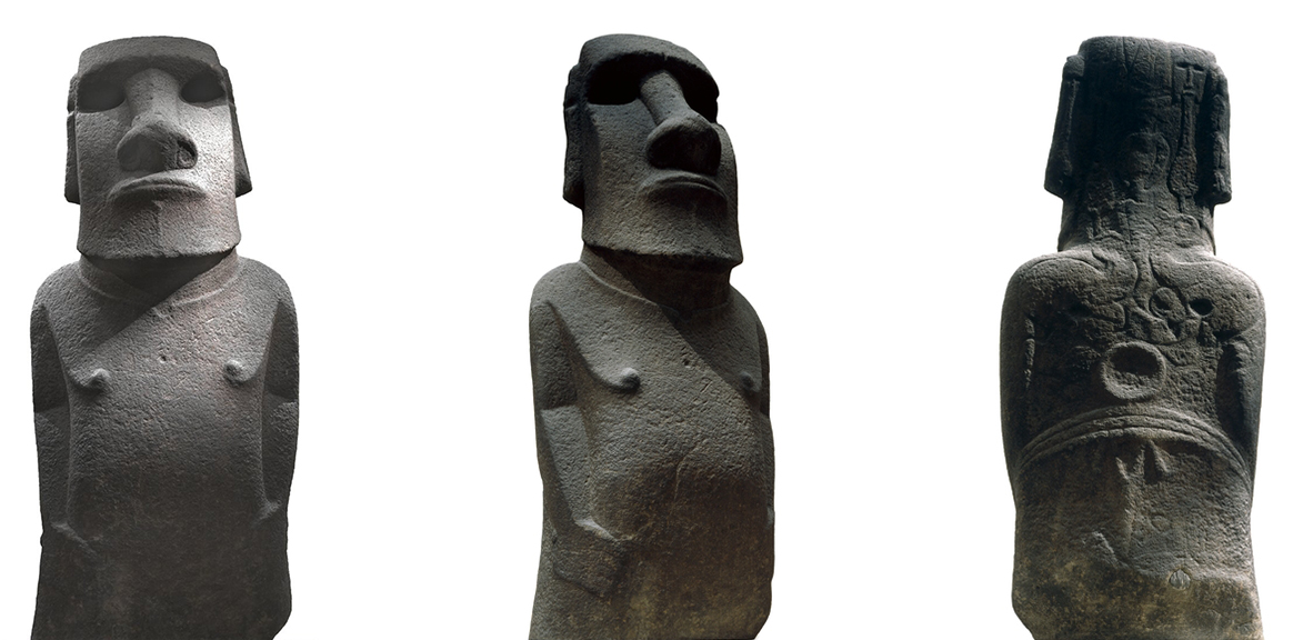 Three views of Hoa Hakananai'a ('lost or stolen friend’), Moai (ancestor figure), c. 1200 C.E., 242 x 96 x 47 cm, basalt (missing paint, coral eye sockets, and stone eyes), likely made in Rano Kao, Rapa Nui (Easter Island), found in the ceremonial center Orongo (© The Trustees of the British Museum)