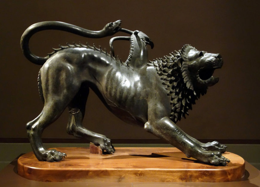 Chimera of Arezzo, c. 400 B.C.E., bronze, 129 cm in length (Museo Archeologico Nazionale, Florence; photo: Steven Zucker, CC BY-NC-SA 2.0)