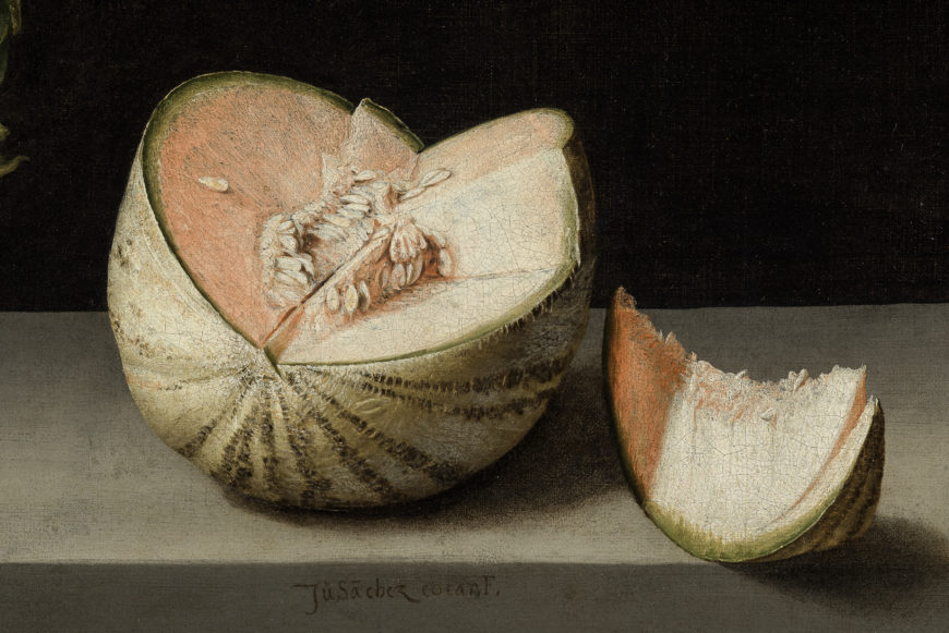Detail, Quince, Cabbage, Melon, and Cucumber, Juan Sánchez Cotán, 1602, oil on canvas, 68.9 cm x 84.5 cm (San Diego Museum of Art)