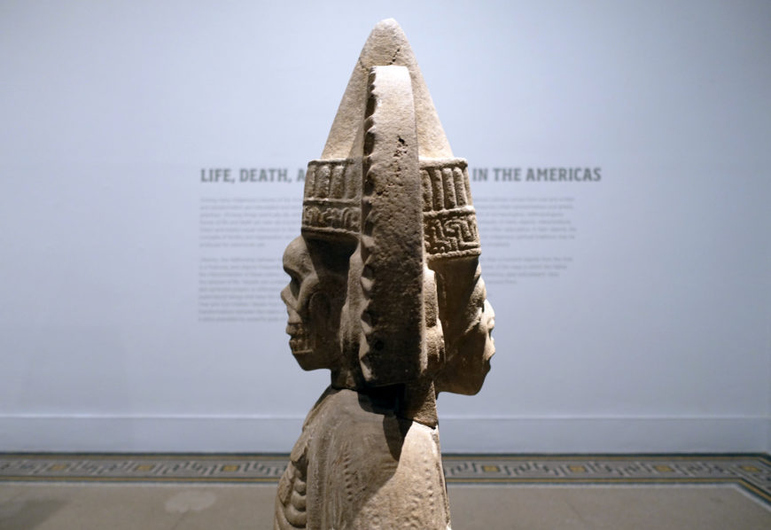 Life-Death Figure (front and back), c. 900–1250, Huastec (found between San Vicente Tancauyalab & Tamuin, San Luis Potosi, Northern Veracruz, Mexico), sandstone with traces of pigment, 158.4 x 66 x 29.2 cm (Brooklyn Museum)