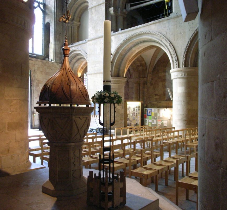Nave and 17th century font, Southwell Minster, Nottinghamshire, England (photo: Steve Cadman, CC BY-SA 2.0)