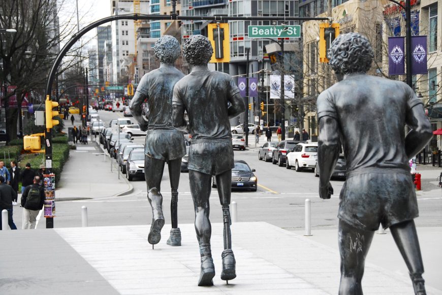 Douglas Coupland, Terry Fox Memorial (detail from behind), 2011, bronze and mixed media, dimensions variable, Vancouver, British Columbia, Canada (photo: Karen Lee Photography, CC BY-SA 2.0)