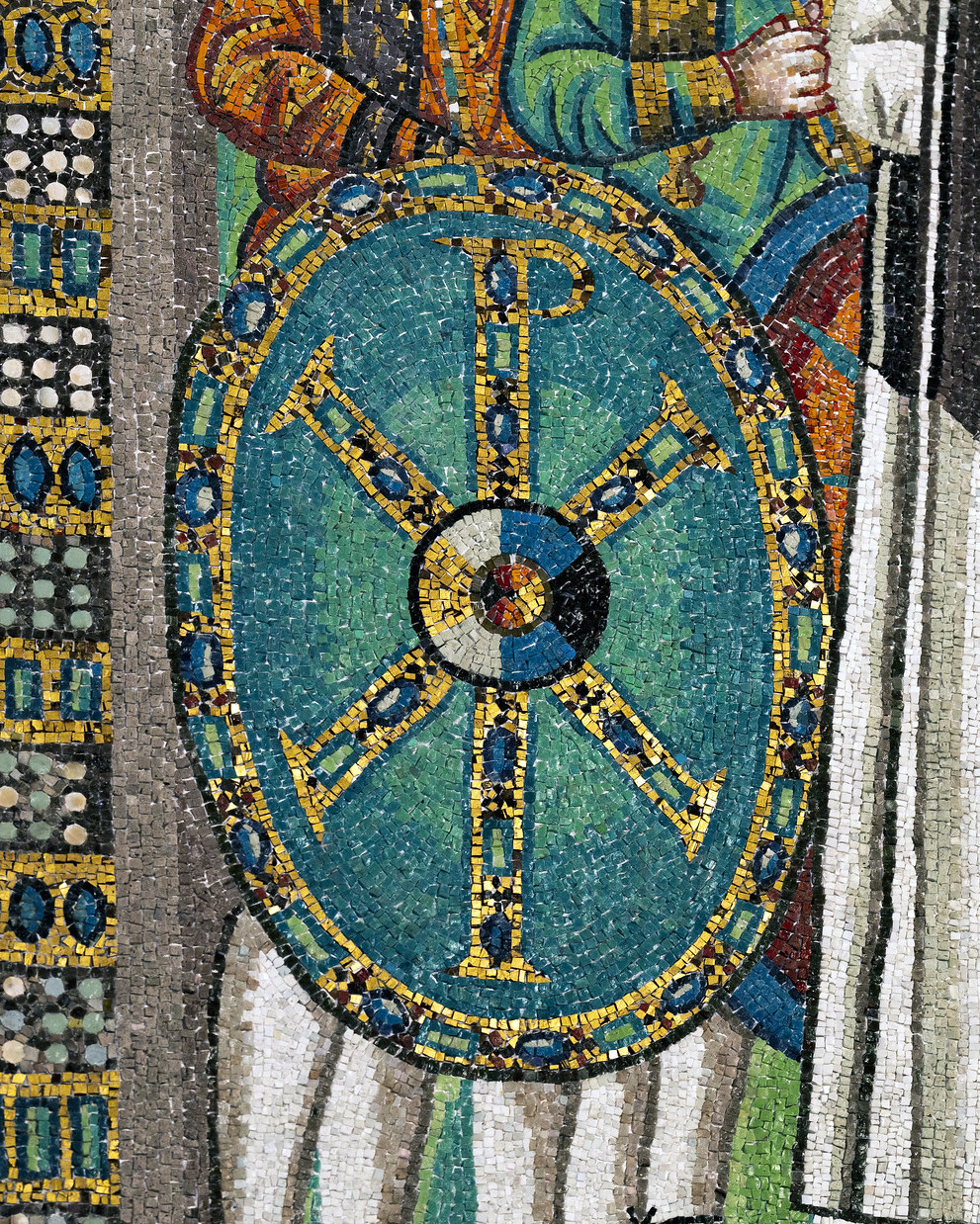 Chi-Rho on shield (detail), Justinian mosaic, San Vitale, consecrated 547, Ravenna, Italy (photo: Steven Zucker, CC BY-NC-SA 2.0)