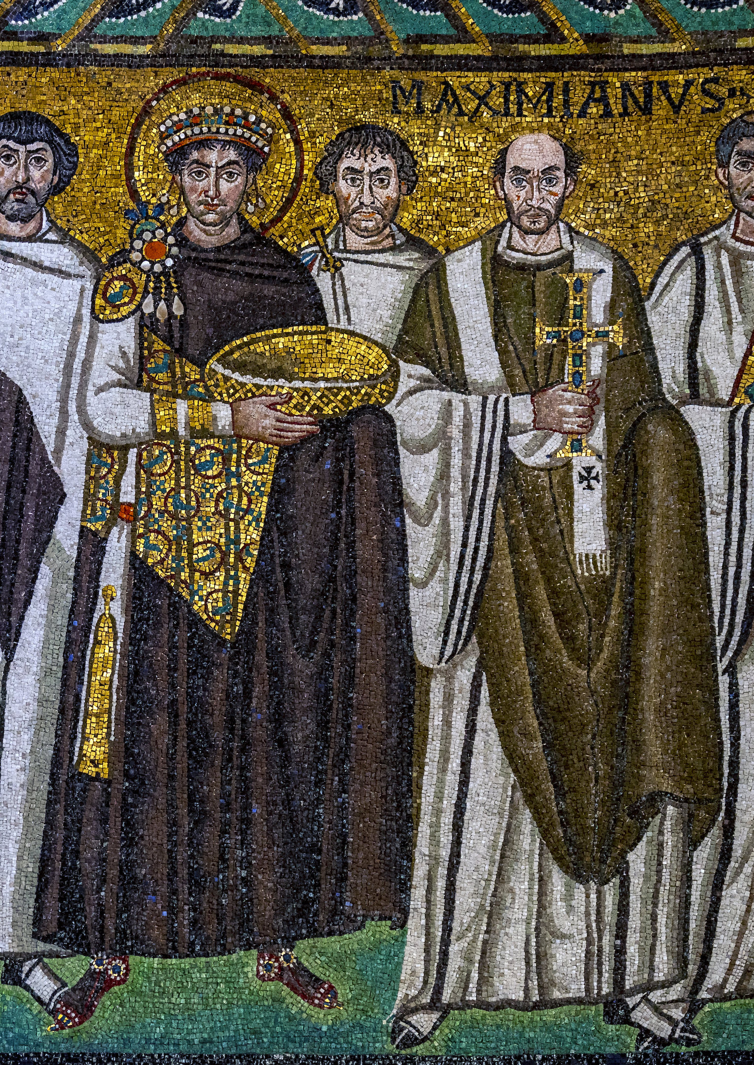 Justinian and Maximianus (detail), Justinian mosaic, San Vitale, consecrated 547, Ravenna, Italy (photo: Steven Zucker, CC BY-NC-SA 2.0)
