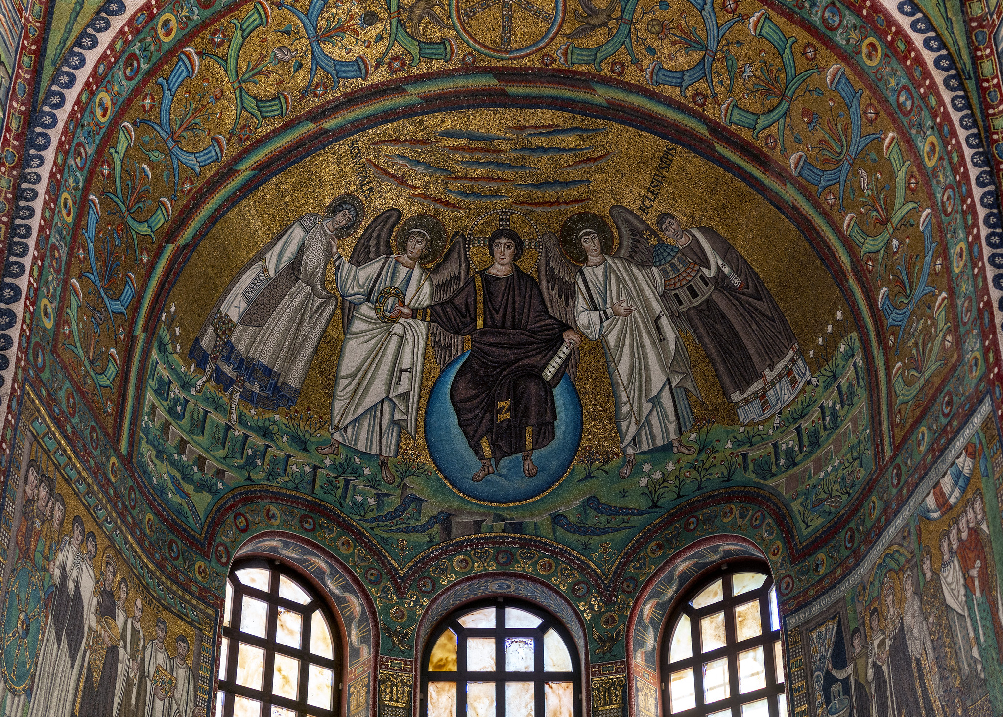 Apse with Jesus Christ and St. Vitale at center, Justinian mosaic below at lower left, San Vitale, consecrated 547, Ravenna, Italy (photo: Steven Zucker, CC BY-NC-SA 2.0)