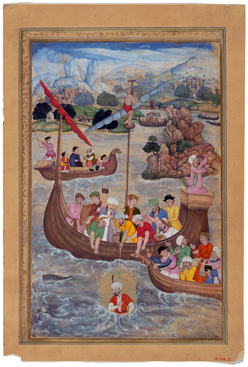 "Alexander is Lowered into the Sea", folio from a Khamsa (Quintet) of Amir Khusrau Dihlavi, 1597–98, India, ink, watercolor, and gold on paper, 9-3/8 x 6-1/4 inches (The Metropolitan Museum of Art, New York)