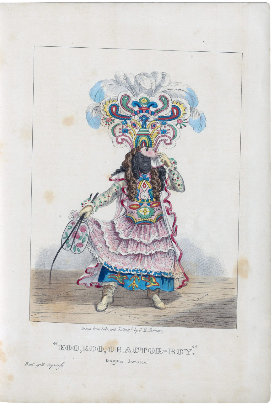 Isaac Mendes Belisario, "Koo Koo, or Actor Boy" from Sketches of Character, In Illustration of the Habits, Occupations, and Costume of the Negro Population in the Island of Jamaica, 1837–38, hand-painted lithographic print (Yale Center for British Art)