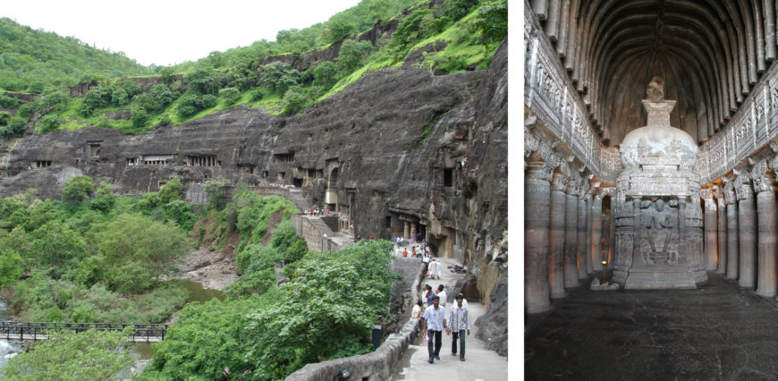Left: Caves at Ajanta, India, c. 200 B.C.E.–650 C.E. (photo: Jonathanawhite); right: Cave 26, Caves at Ajanta, India, c. 200 B.C.E.–650 C.E. (photo: Arian Zwegers, CC BY 2.0)