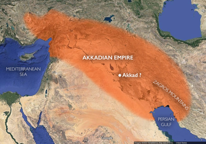 Approximate extent of the Akkadian Empire under Sargon, c. 2334–2279 B.C.E. (underlying map © Google)