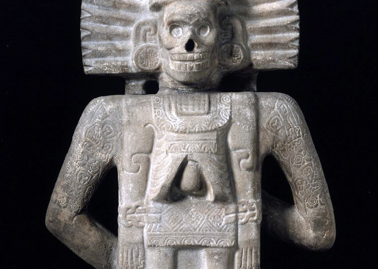 Life-Death Figure (back, detail), c. 900–1250, Huastec, Northern Veracruz, Mexico, sandstone with traces of pigment, 158.4 x 66 x 29.2 cm (Brooklyn Museum)