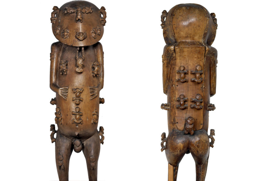 Carved wooden figure known as A’a (two views), late 18th century C.E., hardwood, possibly pua, 117 cm high, Raiatea, Rurutu, Austral Islands, French Polynesia © The Trustees of the British Museum