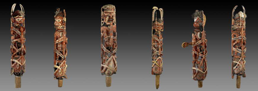 Malangan figures, 1882–83 C.E., wood, vegetable fiber, pigment, and shell (turbo petholatus opercula), north coast of New Ireland, Papua New Guinea (© Trustees of the British Museum)