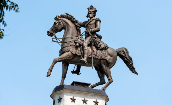 Thomas Crawford, George Washington Equestrian Monument, cast 1857 in Munich, partly erected 1858 (Washington, Henry, Jefferson, and Mason), remaining figures completed by Randolph Rogers in 1869, bronze, granite, the equestrian bronze element is 21 feet high (State Capitol, Richmond, Virginia)