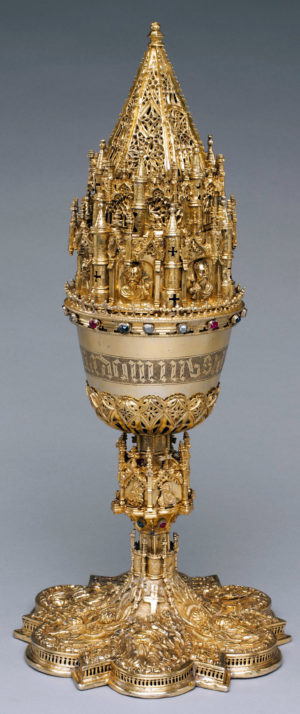 Covered chalice, late 15th century, silver, gilded with rubies, sapphires, diamonds, and crystals, made in Toledo, Castile-La Mancha, Spain, 43.7 x 19.7 cm (The Metropolitan Museum of Art)